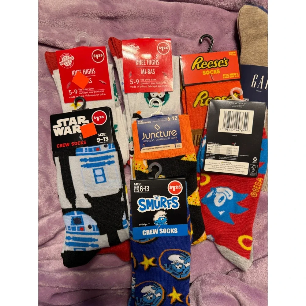 Multi‎ Brand Novelty Crew Socks Men OSFM Multicolor Star Wars Sonic Gap 14 Pair